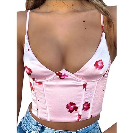Kvinnor V-hals Spaghetti Remmar Korsett Topp Ärmlös Slim Pink Floral L