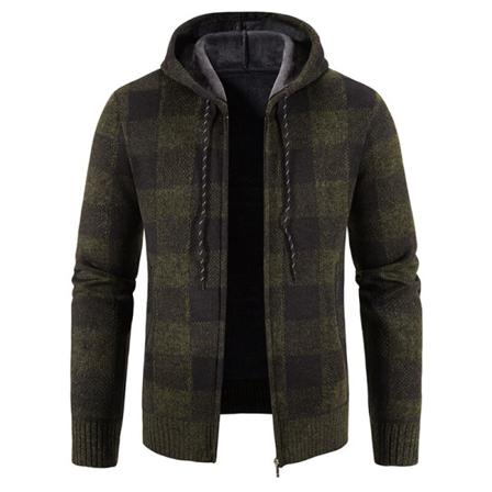 Män Rutig Hooded Neck Öppen Front Jacka Dragkedja Tjocka Ytterkläder