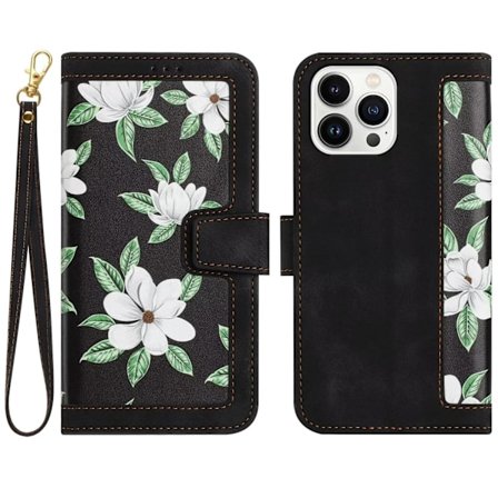 Etui til iPhone 13 sort kort lanyard trykt læder flip kort slot crossbody blomst