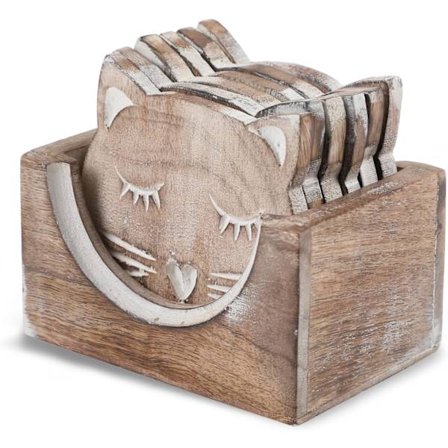 6 juoma-alustan sarja pidikkeellä - Käsityönä valmistetut puiset kahvi-, tee-, muki-, kuppi- ja viinilasi-alustat (kissakuvio)