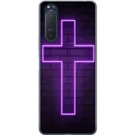 Yhteensopiva Puhelinkuori Sony Sony Xperia 5 II Neonristi purppuranvalossa tummaa tiiliseinää vasten, symbolinen motiivi vahvalla hohto moderni este
