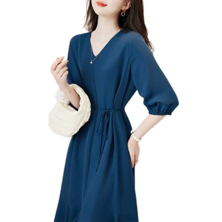 2023 Sommarklänning för kvinnor med V-ringning och korta ärmar, enfärgad, lös, kort, plisserad klänning (blå XL)