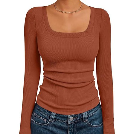 Ribbad topp med fyrkantig hals för dam, långärmad slim-fit baströja