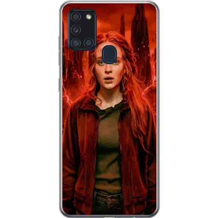 Kompatibelt Mobilskal till Samsung Samsung Galaxy A21s Porträtt av en ung kvinna med rött hår i en apokalyptisk landskap, röda blixtar och mörka