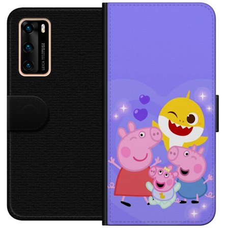 Kompatibel Tegnebogsetui til Huawei P40 Peppa Gris mønster med hjerter, sommerfugle og venner, lyserød baggrund i bløde børneillustrationer