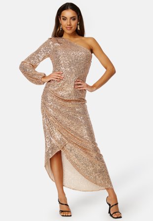 Elle Zeitoune - Leon One Shoulder Sequin Dress - Rose Gold - Kläder - - Bubbleroom