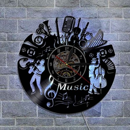 Musik Vinylplade Væg Ur - Musikinstrumenter LED Lys Væg Ur - Vinyl Ur - Stue Væg Dekoration - Unikke Gaver til Musikelskere