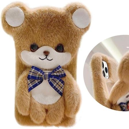 Yhteensopiva iPhone 13 Pro Max -puhelimen kanssa, pehmeä ja pörröinen kotelo, söpö 3D-hauska sarjakuva-karhu, käsintehty pörröinen turkis, 