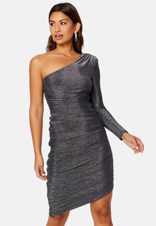 Goddiva One Shoulder Glitter Mini Dress Black/Silver Klær
