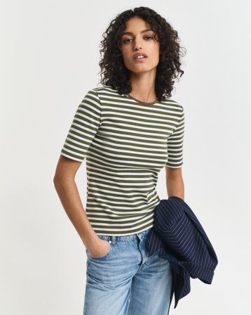 GANT Damen Geripptes T-Shirt mit Streifen (L) Grün