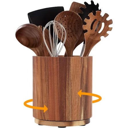 Kjøkkenredskapsholder - Akasietre med 360 graders rotasjon - Passer til 15-20 deler - Med sklisikker bunn - Rund organizer