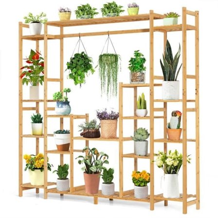 COSTWAY Bamboo Plant Stand 9 Etager - 167x30x166CM - Blomsterhylde - Anti-Tip Device, Hængende stang
