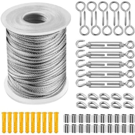 Rostfritt stål rep hängande kit, nylonbelagd rostfritt stål kabel, PVC stål kabel spännare, för tält rep, klädstreck, trädgård (30m)