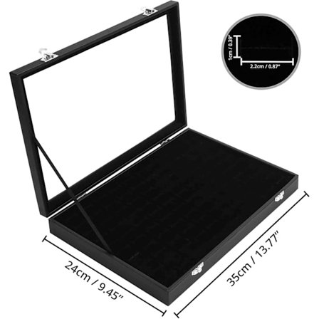 Svart fløyelsring-displaystativ med lokk - Ringdisplay med 100 spor - Oppbevaring for ringer, øredobber og mansjettknapper med klart lokk (36*24*5cm)