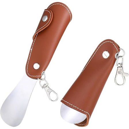 1 stk. Skohorn i metall, sammenleggbare skohorn for menn og kvinner, kort mini reise-skohorn i rustfritt stål med lær-hylster og nøkkelring