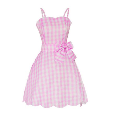 Halloween Women Barbie Movie Cosplay Costume Pink Gingham Slip Dress Party Midi Dresses Fancy Dress -a