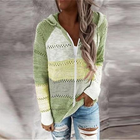 Randig elegant kofta för kvinnor, höst, långärmad topp, dam, casual stickad tröja med V-ringning, grön dragkedja Color Zipper Green L