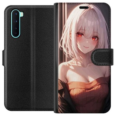Kompatibelt Plånboksfodral till OnePlus OnePlus Nord Anime porträtt av vit hårflicka med glödande ögon, mjuk ljussättning, romantisk och drömsk