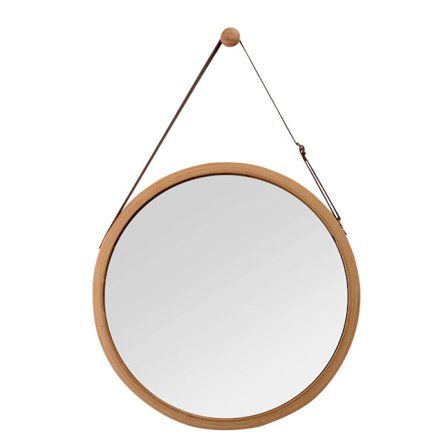 Bambu väggspegel rund hall spegel badrumsspegel med justerbar läderrem 38cm