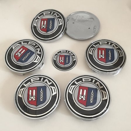 7 st 3d Alpina-logotyp Bilsymbol fram 82 mm + bakre emblem 74 mm + navkapsel 68 mm + rattklistermärke 45 mm Cat Styling