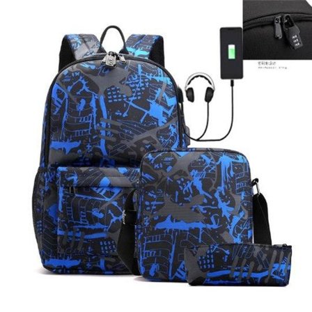 Ryggsäck för barn, pennfodral, axelremsväska, 3-pack med USB-uttag (svart/blå)