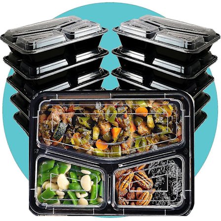 10 X Matboksbeholdere (3 rom, 975ml) - Mikrobølgeovn-, fryser- og oppvaskmaskinsikker, BPA-fri, gjenbrukbar, lekkasjesikker og stablebar 