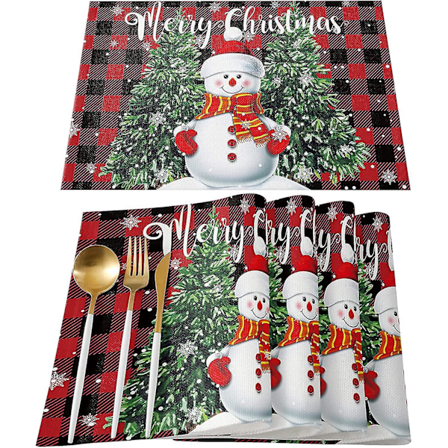 Jultomte Underlägg för Matbord Set om 4 God Jul Söta Snögubbar med Julgran Röd och Svart Buffelrutig Bomullslinne Bordstabletter