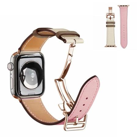 ægte læder rødguld spænde rem til Apple Watch Series 6 / 5 40mm - pink / hvid Pink