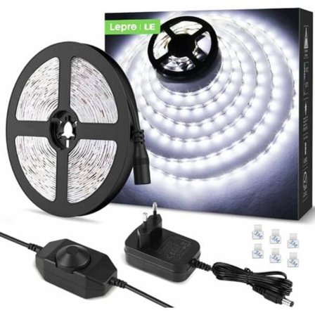 5M LED 1200Lm Dimbar Kall Vit, 12V 6000K 300Leds 2835, Självhäftande LED-remsa med dimmer, kontakter + transformator, inomhusbelysning