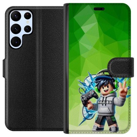 Kompatibelt Lommeboketui til Samsung Galaxy S24 Ultra Roblox-inspirert gamerfigur med headset, håndkontroll og energiske effekter mot grønn bakgrunn