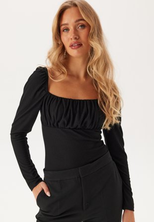 BUBBLEROOM Ruched Square Neck Long Sleeve Top Black Klær