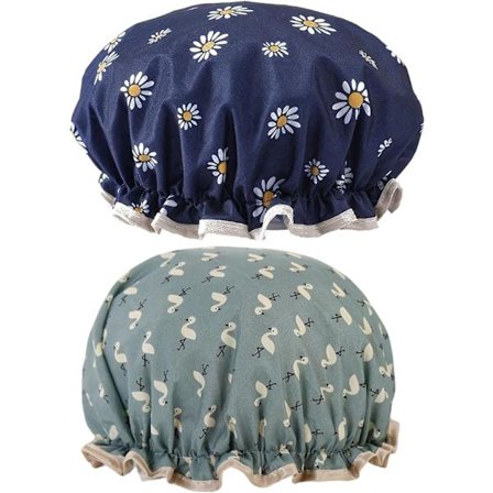 Sæt med 2 genanvendelige vandtætte brusehætter, dobbeltlags hårhætter med justerbar elastik, blå fugl og marineblå tusindfryd mønstre