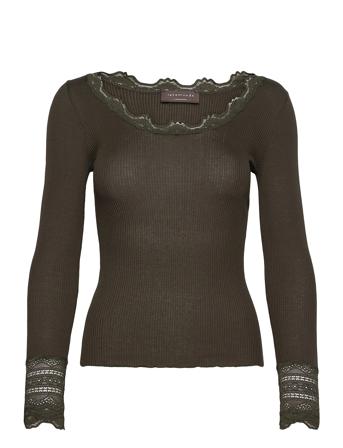 Silk T-Shirt W/ Lace T-shirts & Tops Long-sleeved Kakigrønn Rosemunde*Betinget Tilbud