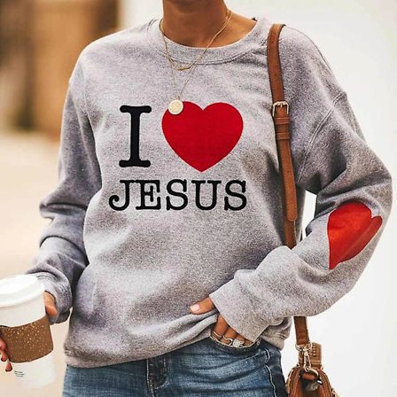 Jeg Elsker Jesus Hjerte Trykk Langermet Genser Dame Casual Sweatshirt Rund Hals Genser Topp