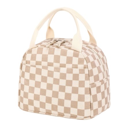 Corduroy madtaske, genanvendelig, stilfuldt ternet, stor kapacitet, kan holde varmt og koldt, velegnet til arbejde, picnic eller rejser