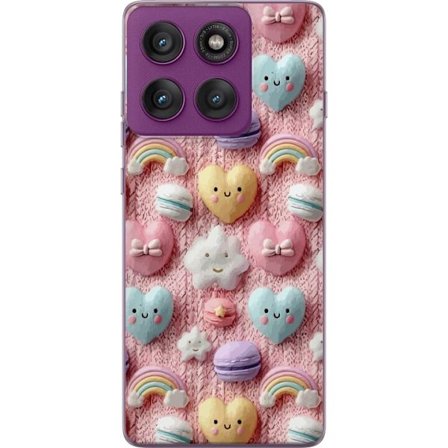 Yhteensopiva Puhelinkuori Motorola Edge 60 Pro Pastellimotiiivi sydämillä, pilvillä, sateenkaarilla ja makaronseilla vaaleanpunaisella taustalla suloi