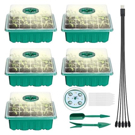 Plantskola bricka, set med 5 groddbrickor med 12 celler inomhus grönt