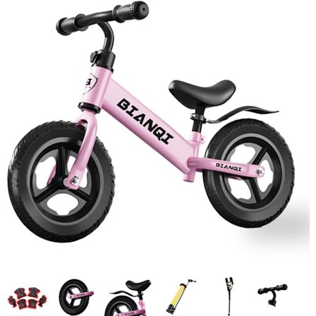 Løpesykkel 12'', for barn fra 2 til 5 år, med beskyttelseshjelm, knebeskyttere og justerbart sete