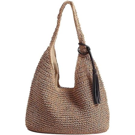 Halmbag for kvinner sommer strandbag myk vevd tote bag stor rotting skulderbag for ferie