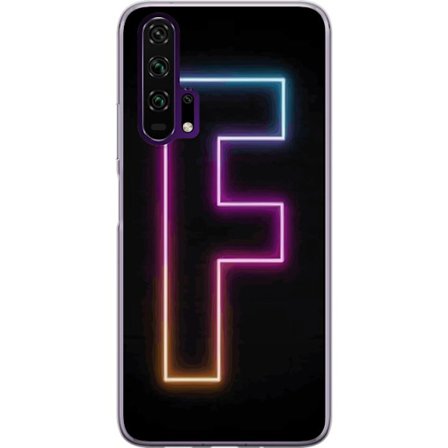 Kompatibel Mobilcover til Honor Honor 20 Pro Neonbogstav F i lyserød, blå og gul lyskanter mod en mørk baggrund, grafisk bogstavillustration med e