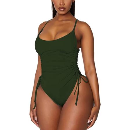 Dame Badetøy med Rynket Høy Utskåret Endelt Badetøy Magekontroll Monokini Bikini Army green M