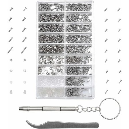 1000 Mikro Skruer Brille Reparationssæt, med Pincet og Skruetrækker, til Briller, Solbriller, Ure -