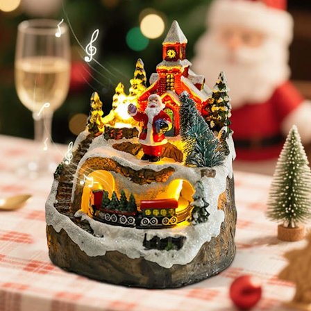 Julelandsby med lys, musikalsk julestad med et roterende tog og lysshow, et julelandsby lysshow, LED julestad