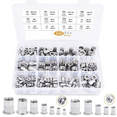 230 stk SAE og metriske naglemutter UNC-nuttere Rivnut-sortiment