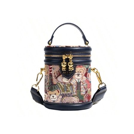 Söt axelväska för kvinnor med björnhandtag upptill, liten rund axelväska i hinkform, handväska