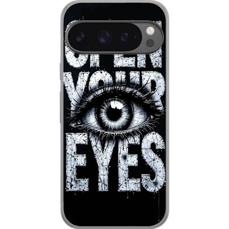 Kompatibelt Mobilskal till Google Google Pixel 9 Pro XL Mörk typografisk illustration med öga och texten Open Your Eyes, stark kontrast och rå kons