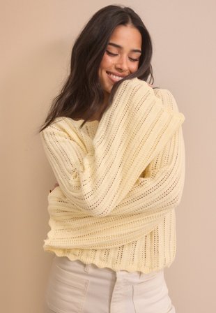 BUBBLEROOM - Boat Neck Structure Knitted Sweater - Light yellow