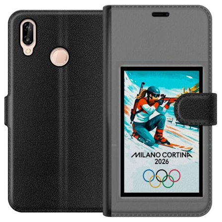 Kompatibelt Lommeboketui til Huawei P20 lite Retroplakat Cortina Milano 2026 med fjell, vintersportsutøvere, italienske trikolor, Milano-katedralen og