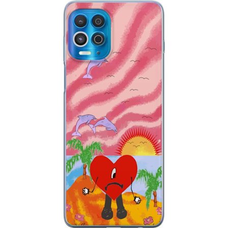 Kompatibelt Mobildeksel til Motorola Edge S Bad Bunny i en fargerik quiltet jakke med hjertemønster og solbriller i moderne gatestil