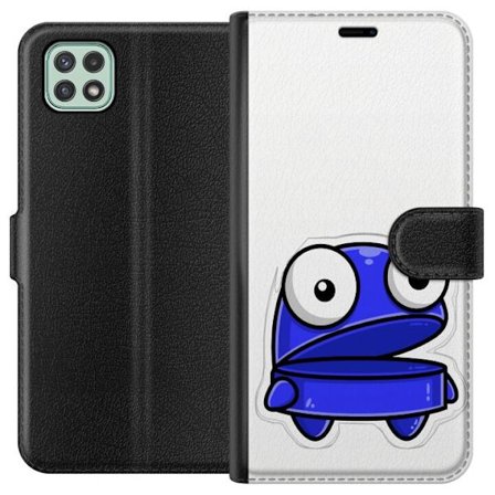 Kompatibelt Plånboksfodral till Samsung Samsung Galaxy A22 5G Blå tecknad figur med öppen min och stora ögon i en rolig illustration